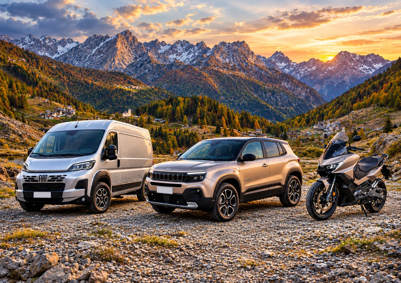 Furgone Fiat, Jeep e scooter al tramonto tra le montagne